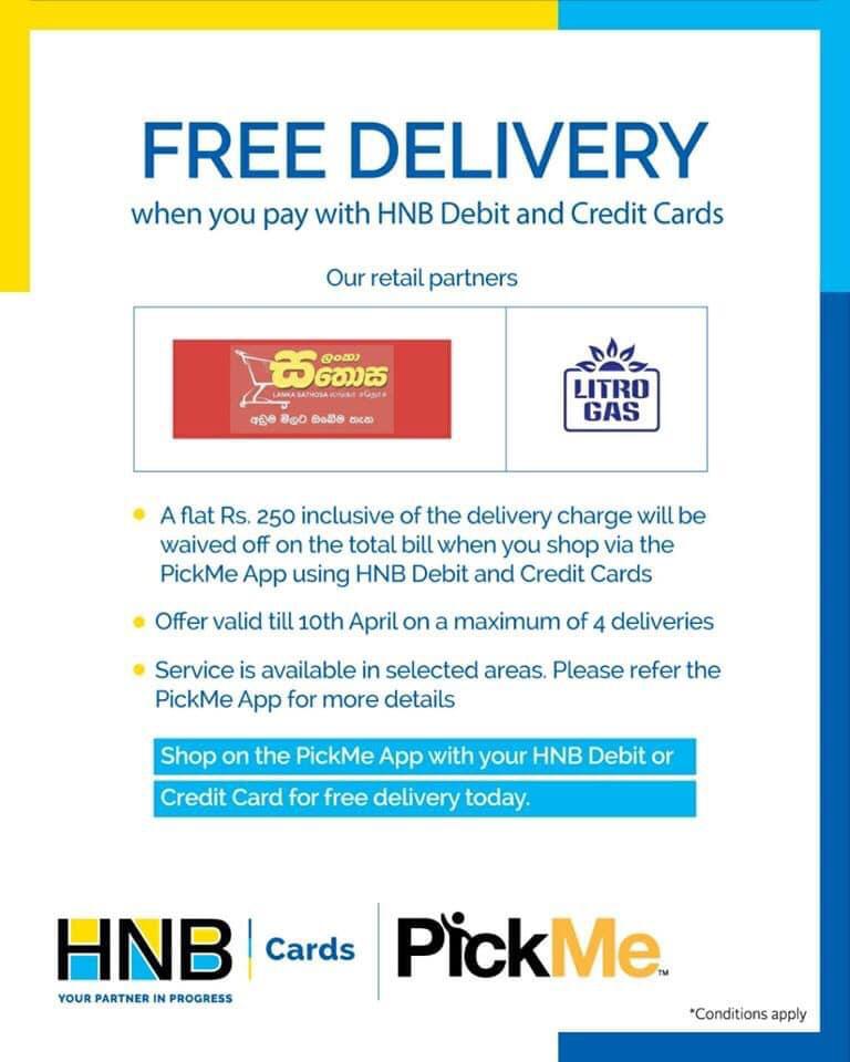 PickMe Free Delivery with HNB Debit and Credit Cards